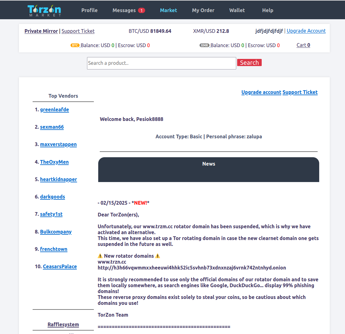 Torzon Market purchasing interface with escrow protection